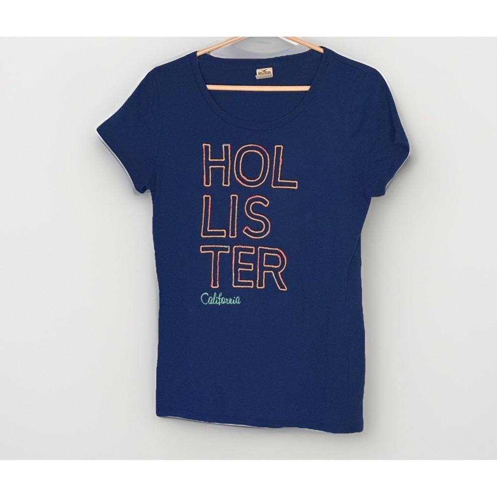 Hollister True Vintage Spellout Logo T Shirt Women's Large Blue Y2K 90s Surf Tee